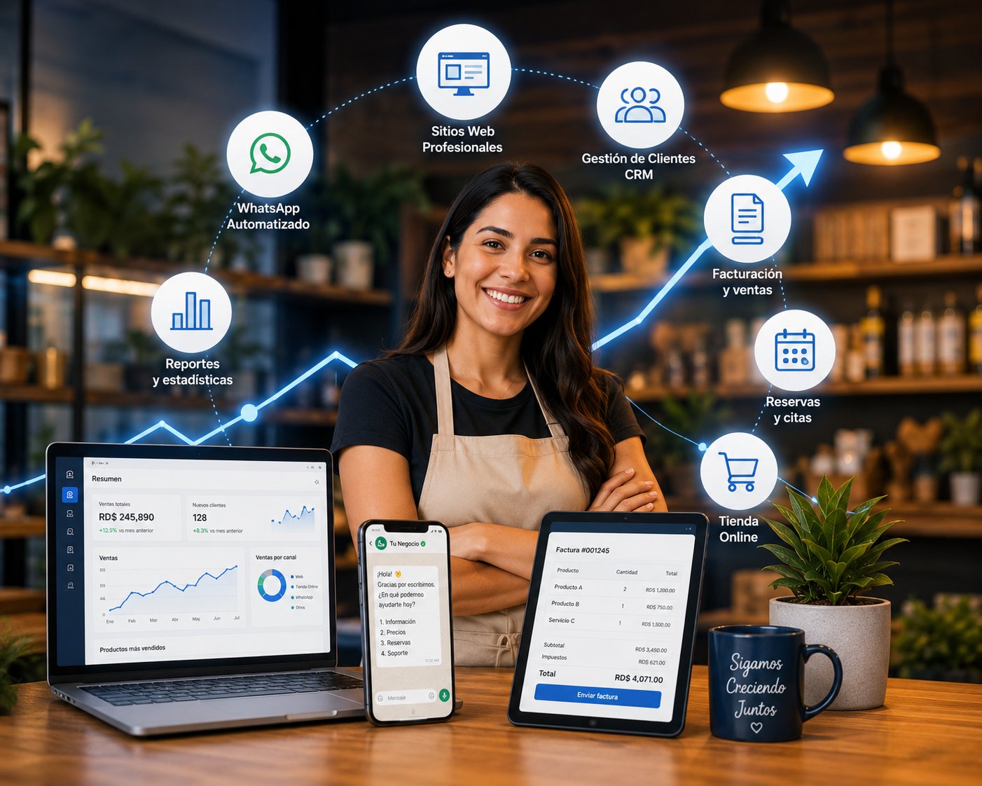 Emprendedora dominicana con las herramientas digitales de su negocio